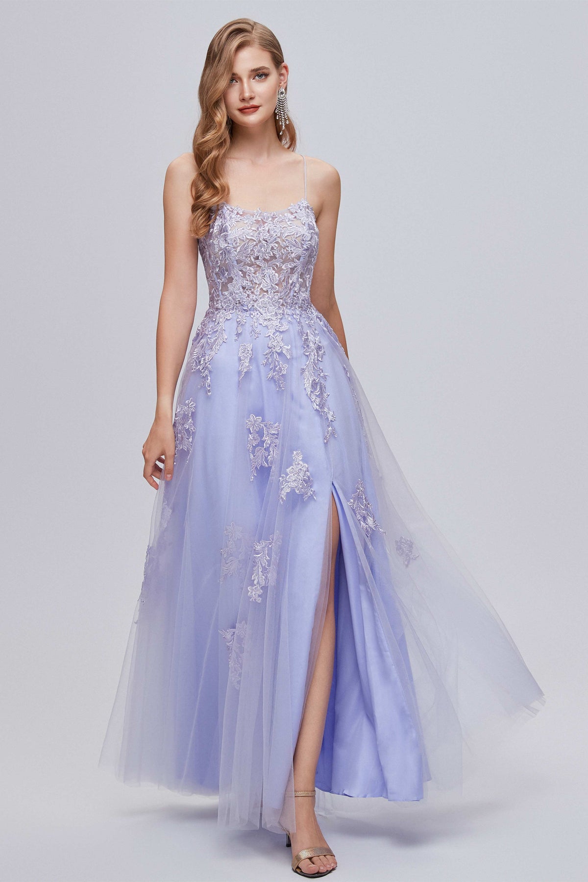 Lilac Appliques Lace-Up A-Line Long Prom Dress with Slit