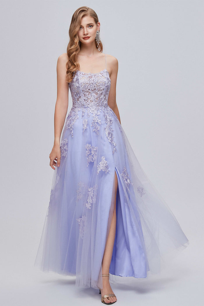 Lilac Appliques Lace-Up A-Line Long Prom Dress with Slit