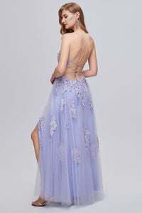 Lilac Appliques Lace-Up A-Line Long Prom Dress with Slit