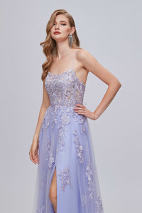 Lilac Appliques Lace-Up A-Line Long Prom Dress with Slit