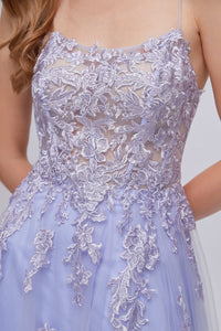 Lilac Appliques Lace-Up A-Line Long Prom Dress with Slit