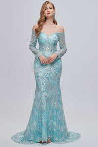 Aqua Blue Off-the-Shoulder Long Sleeve Mermaid Evening Dress