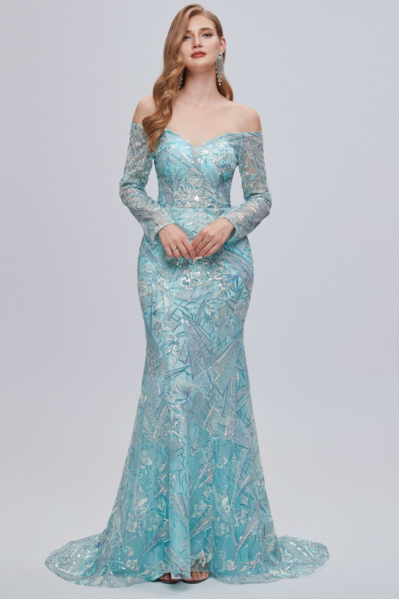 Aqua Blue Off-the-Shoulder Long Sleeve Mermaid Evening Dress