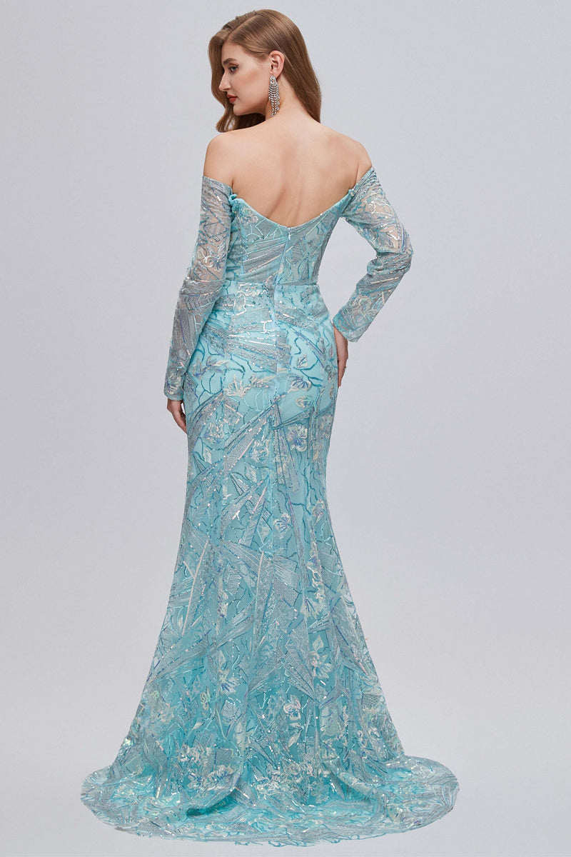 Aqua Blue Off-the-Shoulder Long Sleeve Mermaid Evening Dress
