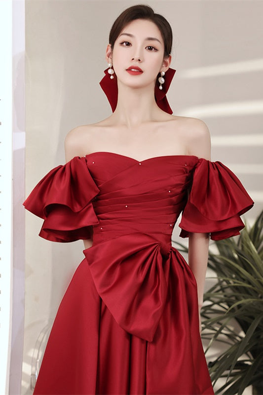 A-Line Burgundy Off-the-Shoulder Bow Prom Gown