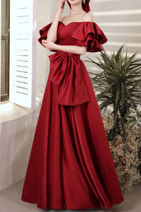 A-Line Burgundy Off-the-Shoulder Bow Prom Gown