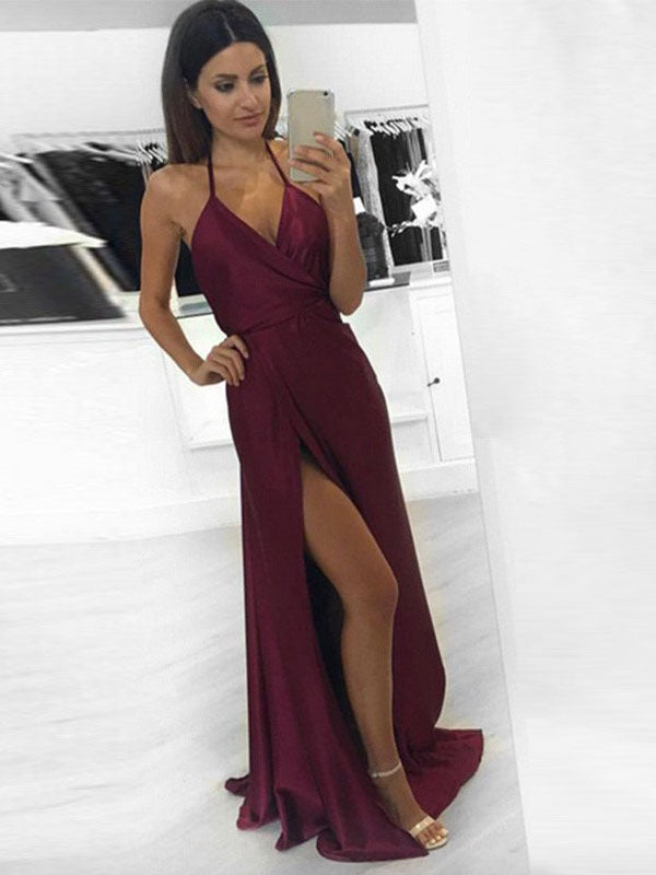 Sexy A-line Halter Burgundy Long Prom Dress with Slit