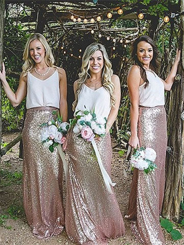 Two Piece Rose Gold Sequins Mermaid Long Bridesmaid Dress
