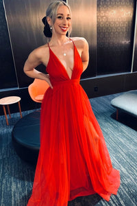 Simple A-line V Neck Navy Blue Long Prom Dress