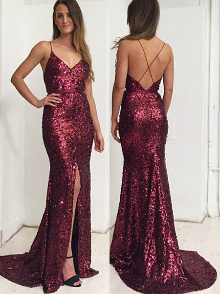 Spaghetti Straps Mermaid Long Burgundy Sequin Evening Dress