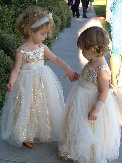 Cute Ball Gown Sparkly Gold and Ivory Flower Girl Dress