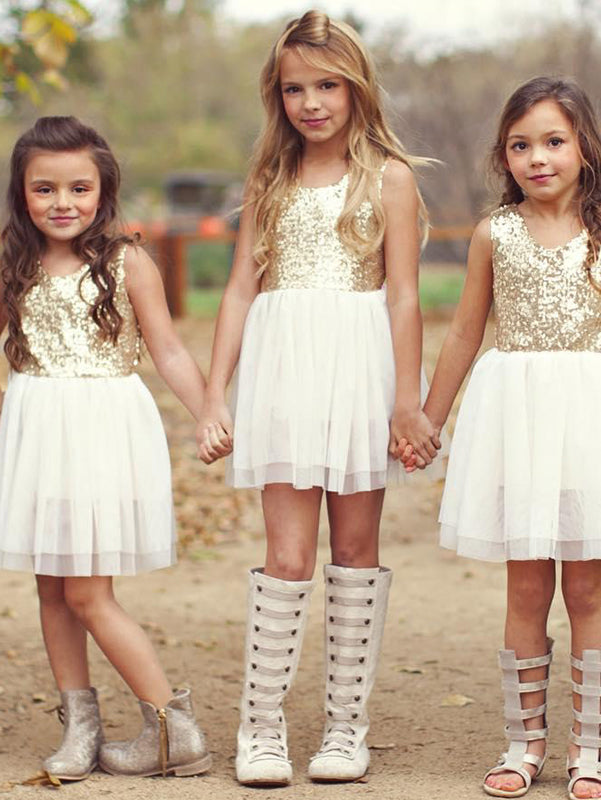Sequins Short Ivory Flower Girl Dress with Pink Bow