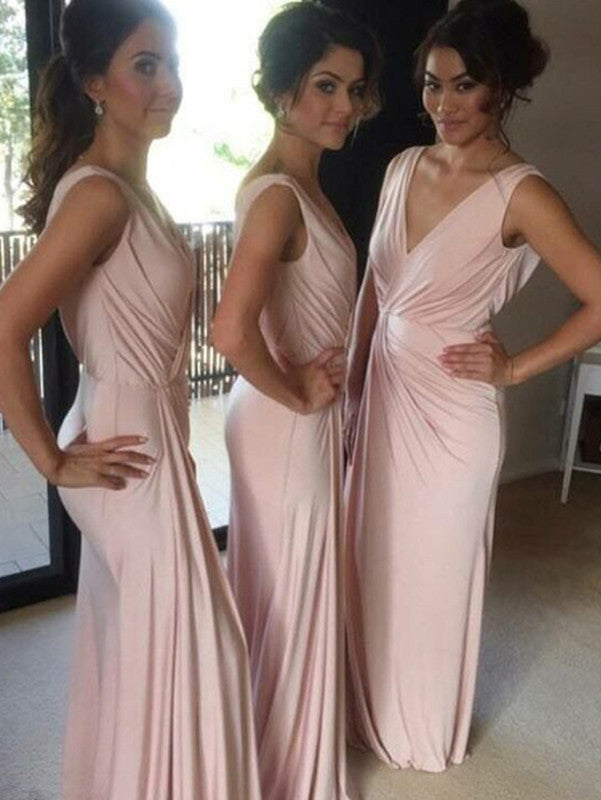 Simple V Neck Pink Long Chiffon Bridesmaid Dress