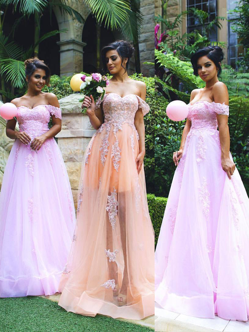 Off the shoulder Lace Appliques Long Bridesmaid Dress