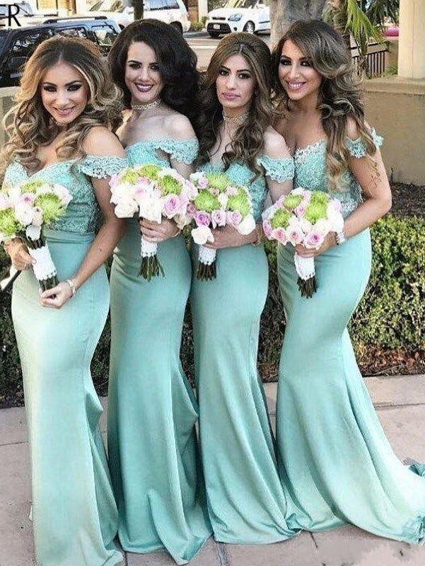 Off the Shoulder Mermaid Mint Green Long Bridesmaid Dress