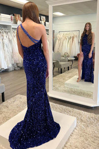 Dark Blue Sequin One-Shoulder Mermaid Long Prom Dress with Slit