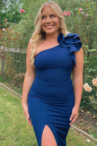 Blue One-Shoulder Flower Long Formal Dress with Slit