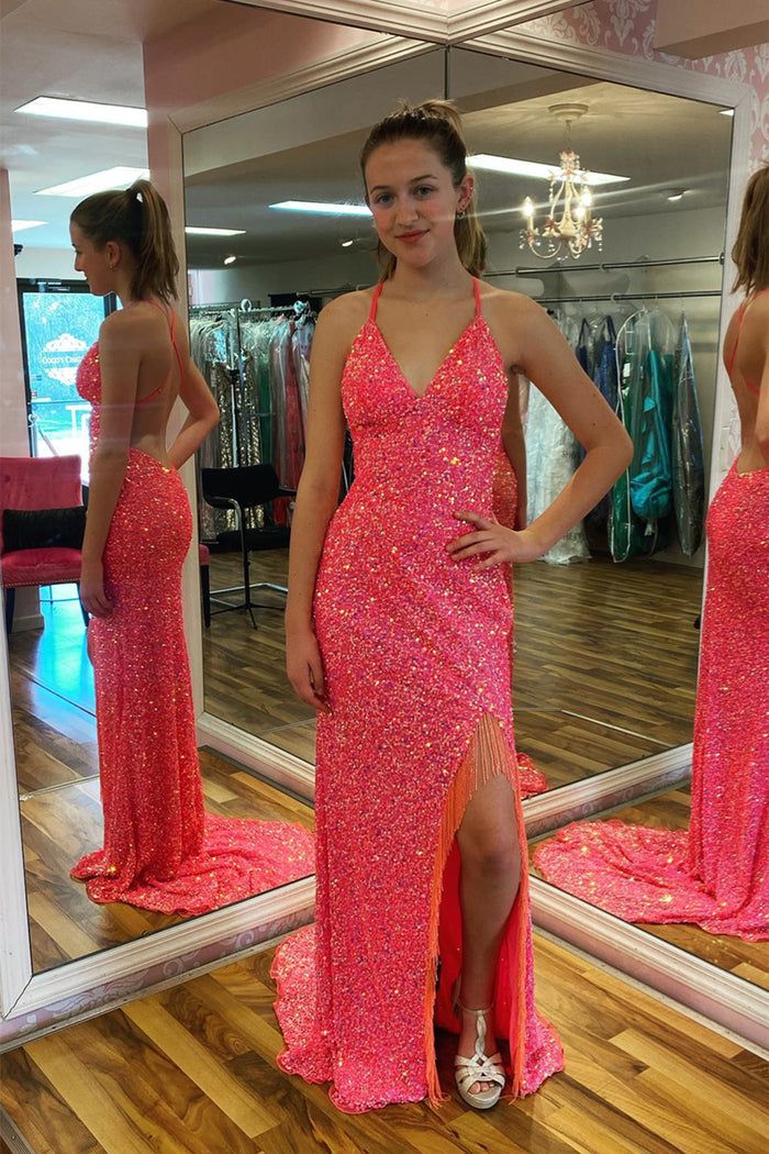 Hot Pink Mermaid V Neck Sequins Crossed Back Long Prom Dress with Slit