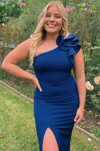 Blue One-Shoulder Flower Long Formal Dress with Slit