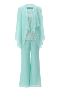 Aqua Three-Piece Chiffon Mother of the Bride Pant Suits