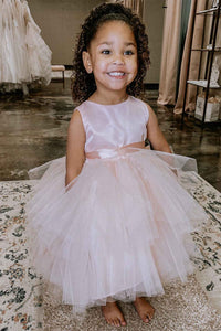 Pink Rounded Neck Bow Back Flower Girl Dress