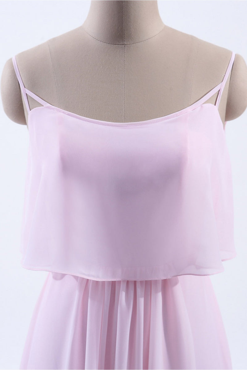Pink Flounce Chiffon Straps A-line Long Bridesmaid Dress