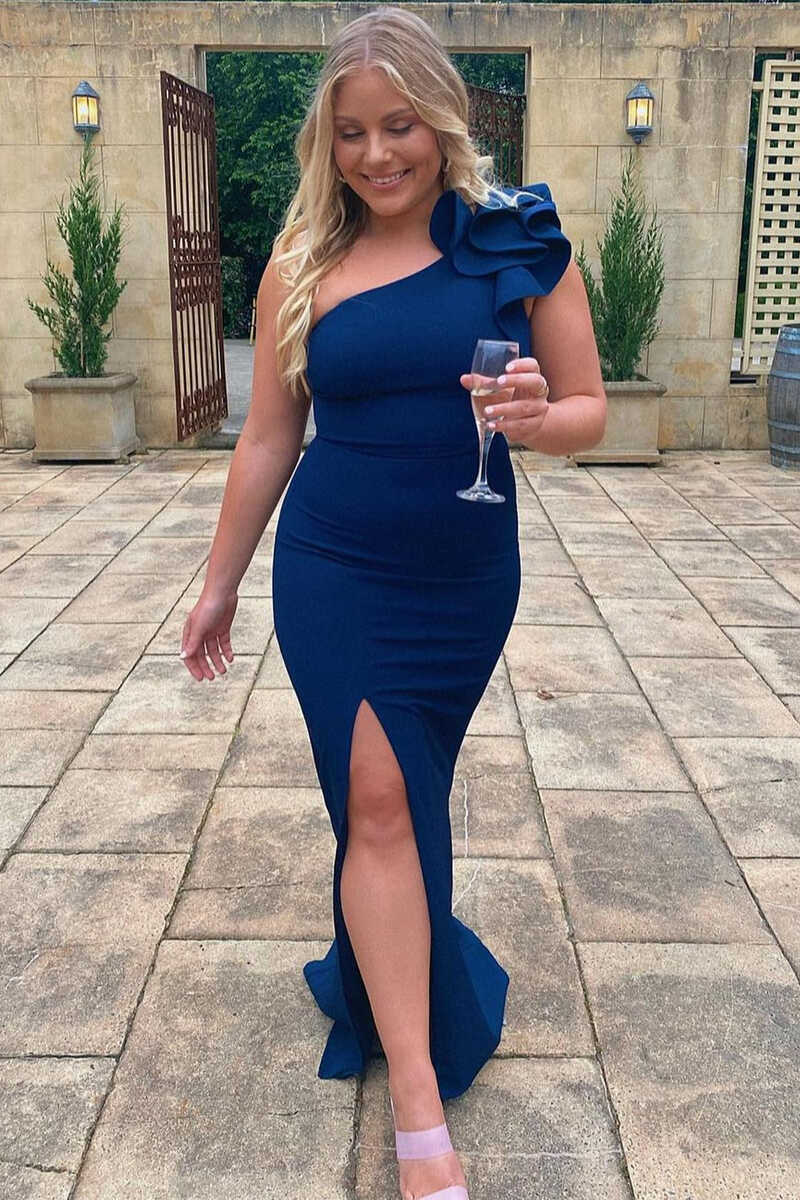 Blue One-Shoulder Flower Long Formal Dress with Slit