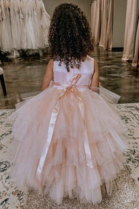 Pink Rounded Neck Bow Back Flower Girl Dress