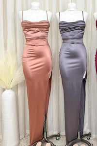 Royal Blue Satin Cowl Neck Long Formal Dress with Slit