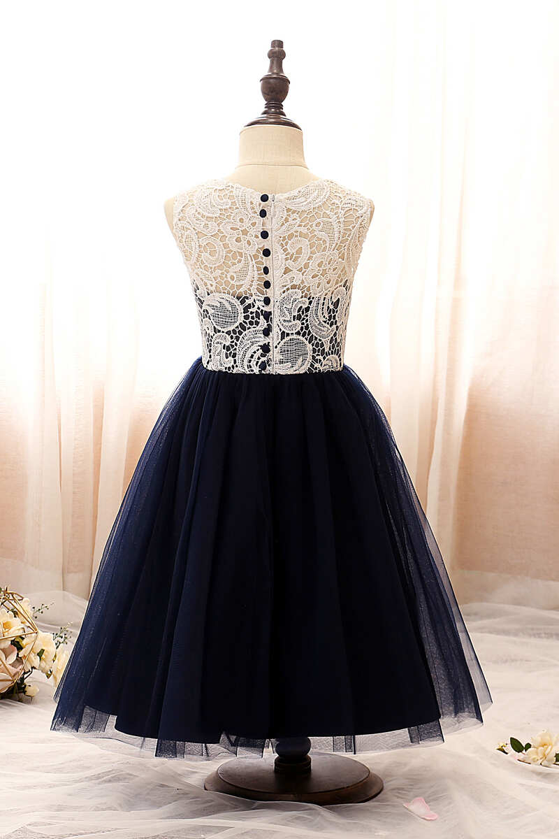 Indigo Lace Illusion A-Line Flower Girl Dress