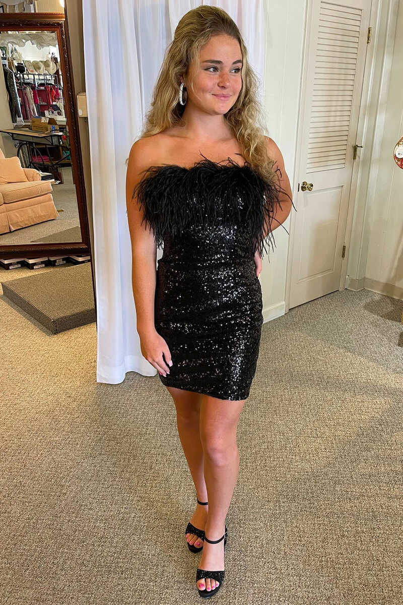 Sequin Strapless Feather Bodycon Mini Homecoming Dress