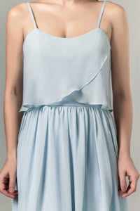 Dusty Blue Chiffon Spaghetti Straps Ruffled Long Bridesmaid Dress