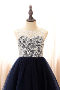 Indigo Lace Illusion A-Line Flower Girl Dress
