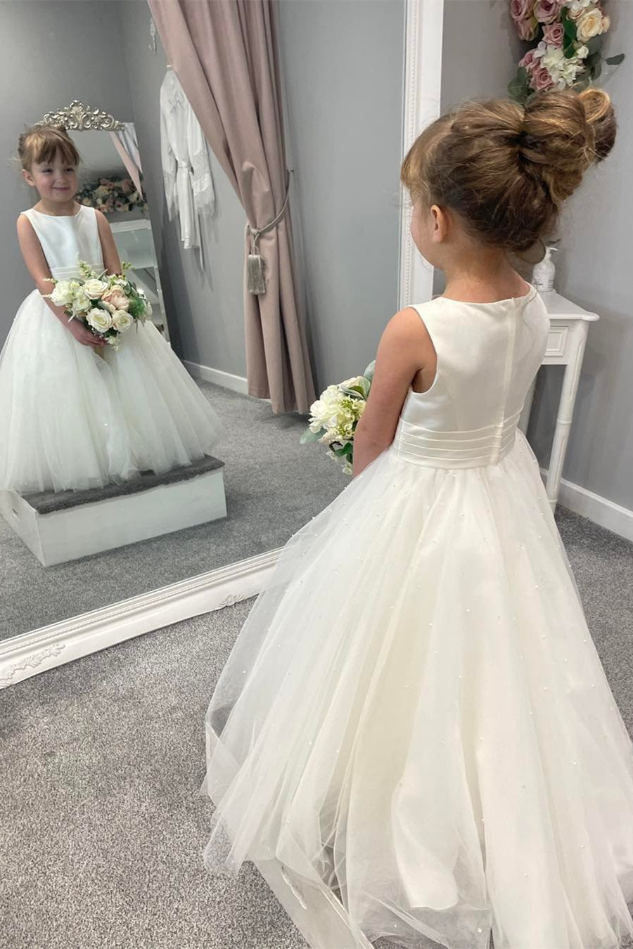 White Jewel Sleeveless Beaded Long Flower Girl Dress with Pleated Sash