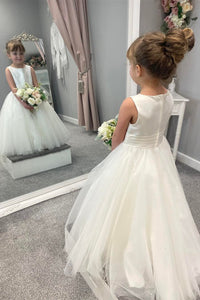 White Jewel Sleeveless Beaded Long Flower Girl Dress with Pleated Sash
