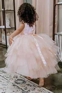 Pink Rounded Neck Bow Back Flower Girl Dress