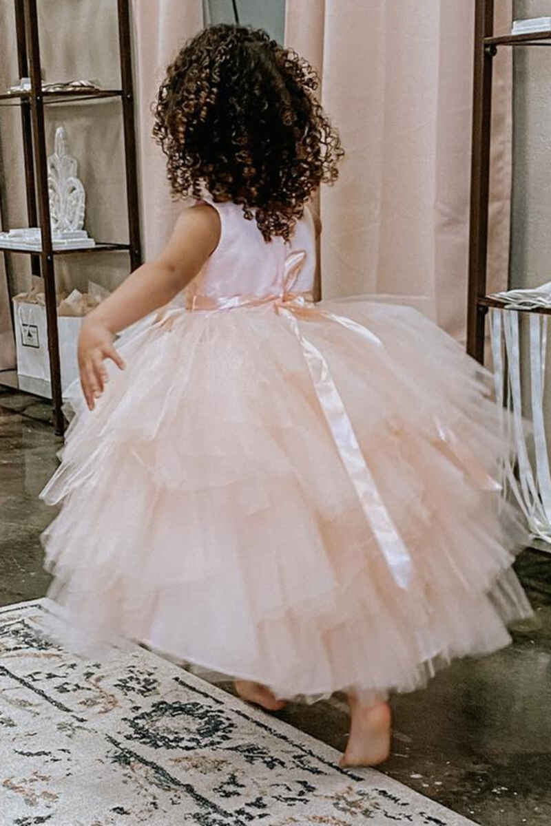 Pink Rounded Neck Bow Back Flower Girl Dress