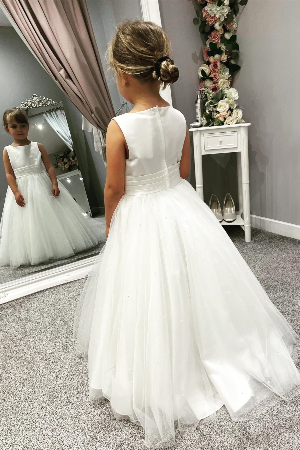 White Jewel Sleeveless Beaded Long Flower Girl Dress with Pleated Sash