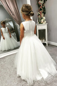 White Jewel Sleeveless Beaded Long Flower Girl Dress with Pleated Sash