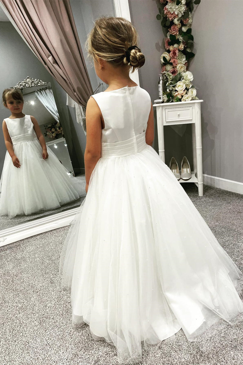 White Jewel Sleeveless Beaded Long Flower Girl Dress with Pleated Sash