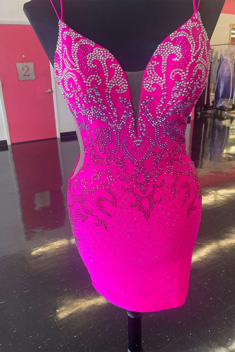 Royal Blue Beaded Plunge V Lace-Up Short Homecoming Dress