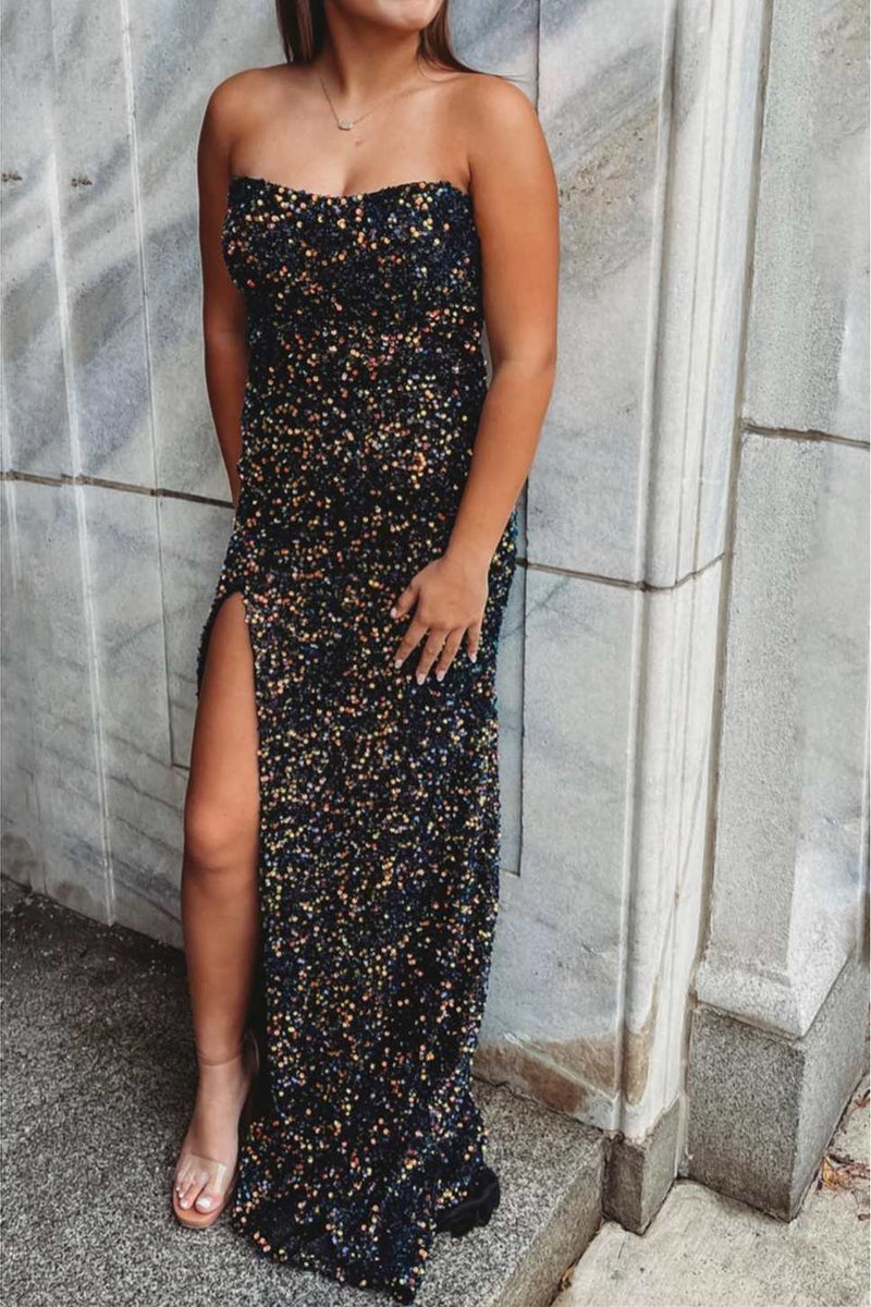 Black Iridescent Sequin Strapless Mermaid Long Prom Dress with Slit