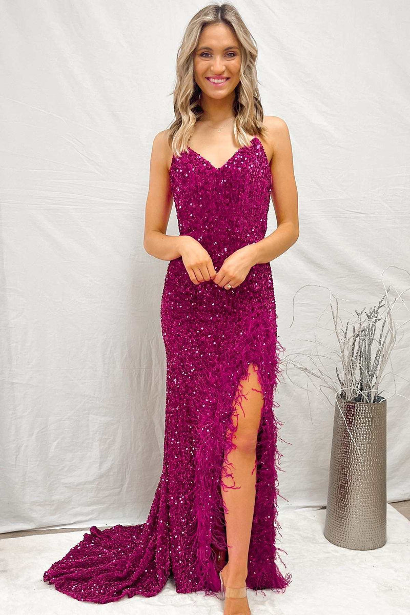 Magenta Sequin Feather Lace-Up Back Mermaid Long Formal Dress