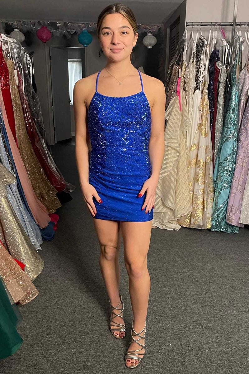 Royal Blue Beaded Lace-Up Bodycon Short Party Dress