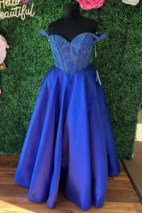 Fairy-Tale Royal Blue Beaded Off-the-Shoulder A-Line Prom Dress