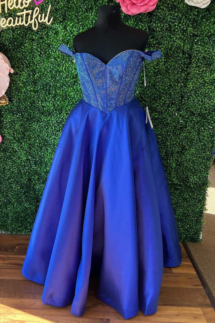 Fairy-Tale Royal Blue Beaded Off-the-Shoulder A-Line Prom Dress