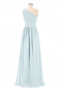 Dusty Blue Chiffon One-Shoulder Banded Waist Bridesmaid Dress