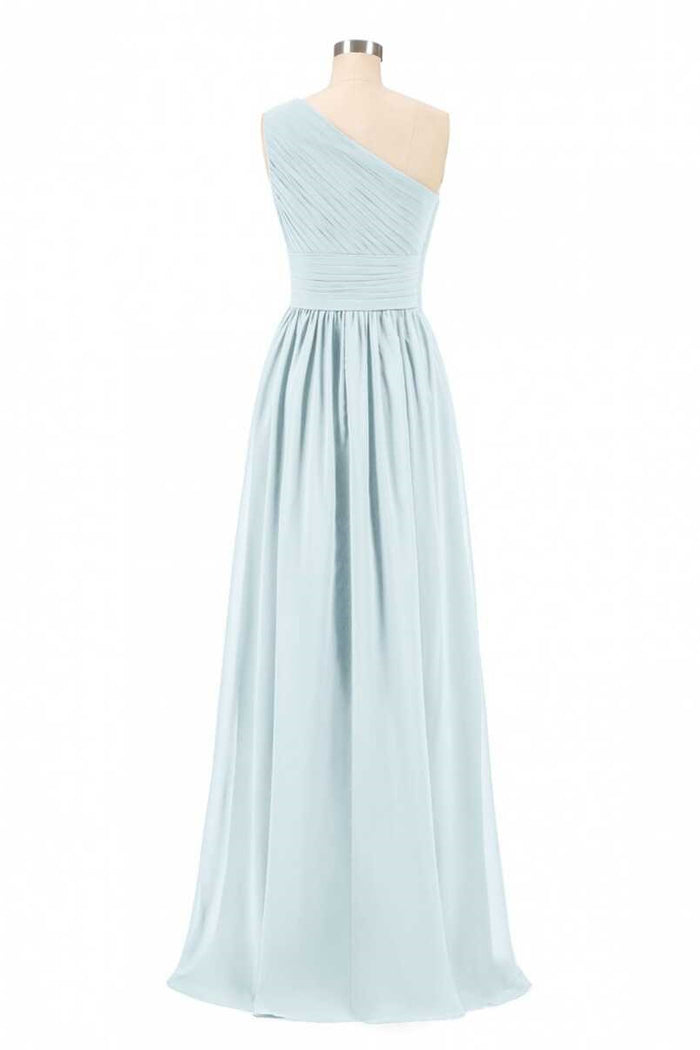 Dusty Blue Chiffon One-Shoulder Banded Waist Bridesmaid Dress