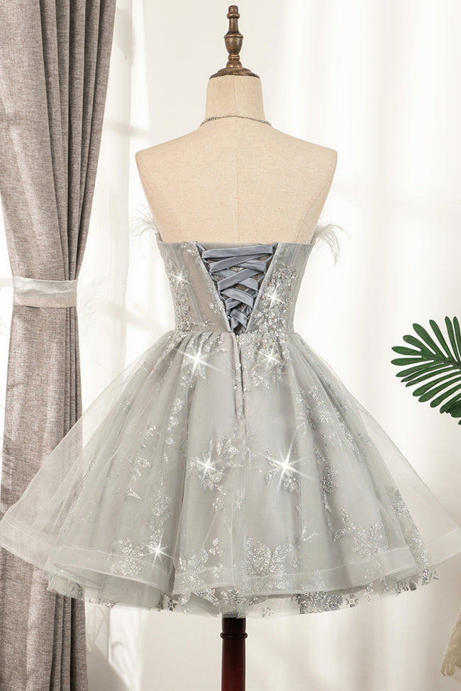 Glitter Feather Strapless Beaded A-Line Short Party Dress