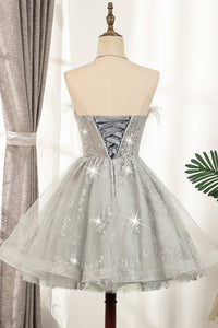 Glitter Feather Strapless Beaded A-Line Short Party Dress